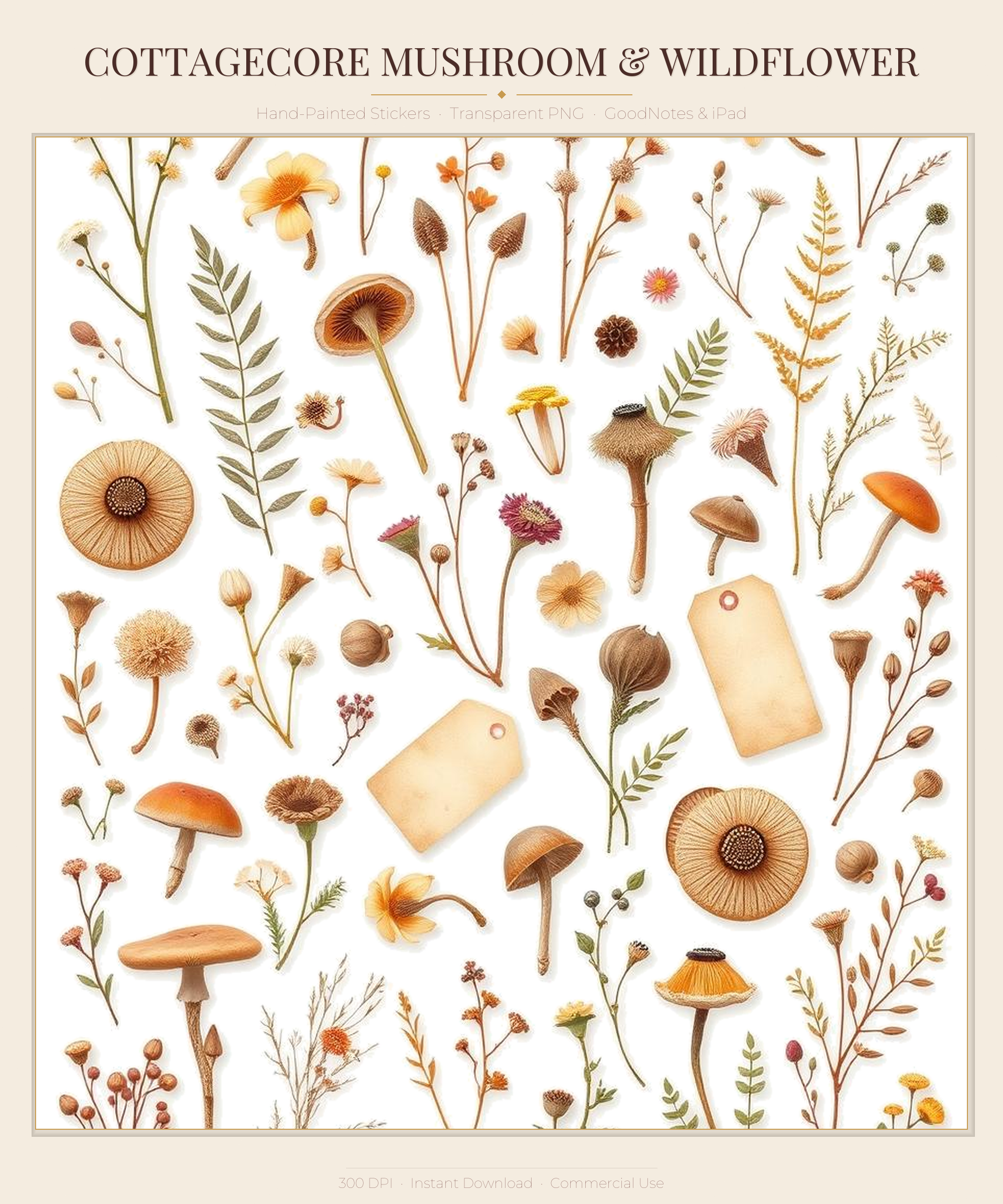 Cottagecore Mushroom & Wildflower Digital Sticker Sheet | GoodNotes PNG